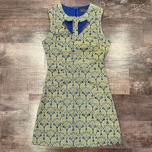 ASTR Green Metallic and Blue Brocade Formal Mini Dress High Neck Cutouts  Small